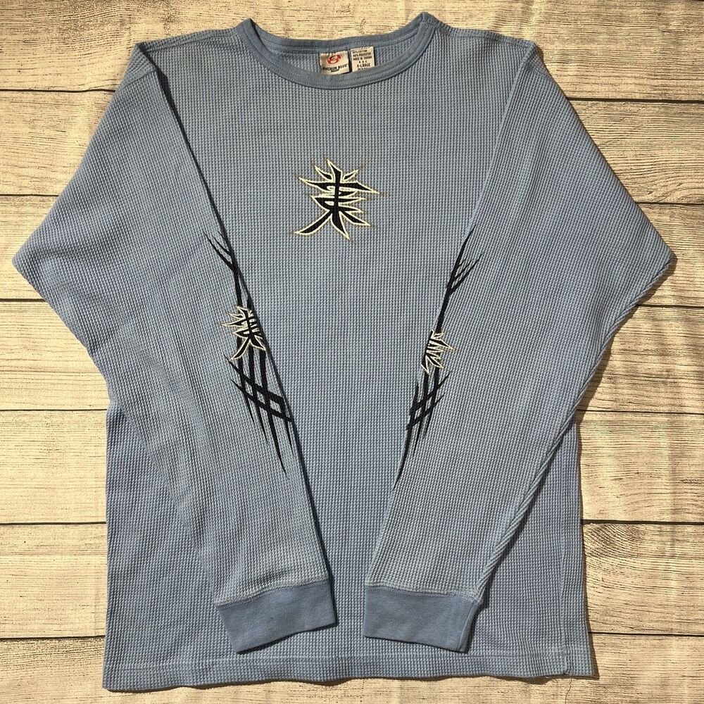 Y2K Anchor Blue Waffle Knit Long Sleeve Japanese Symbol Grunge Skater Sz XL